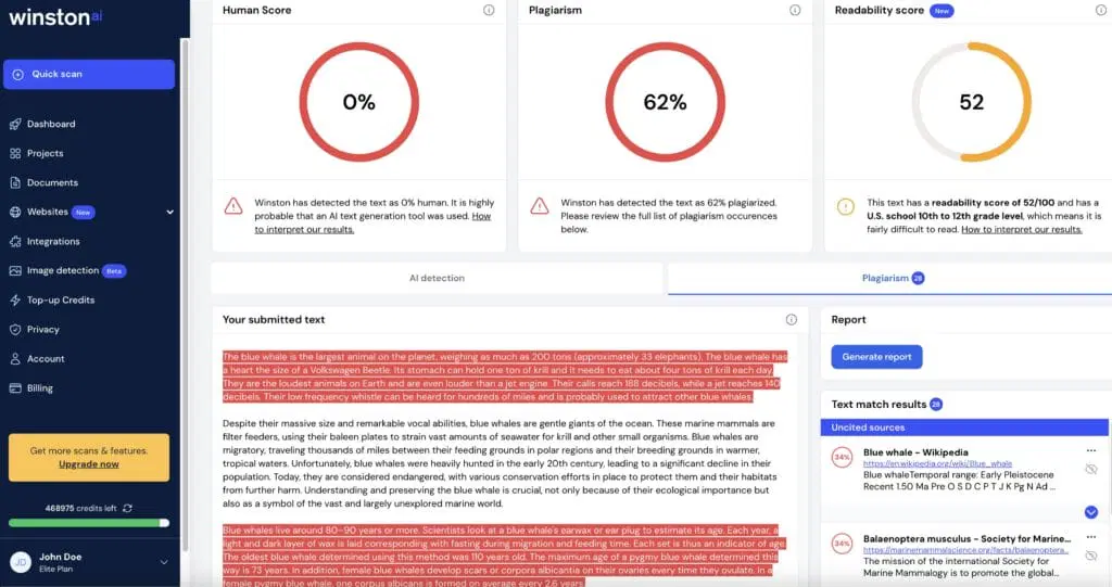 Winston AI plagiarism checker